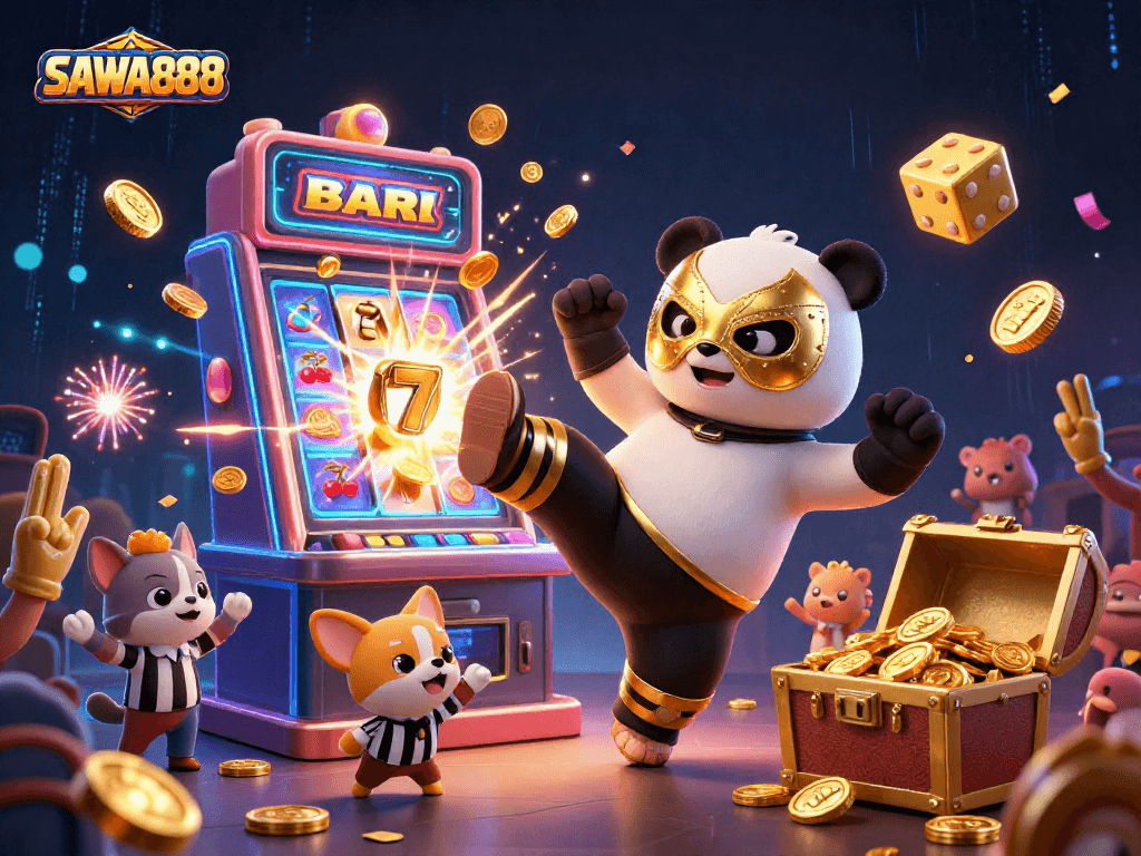 SAWA888 showcases a dynamic casino scene with animated characters, vibrant jackpots, and exciting game elements.