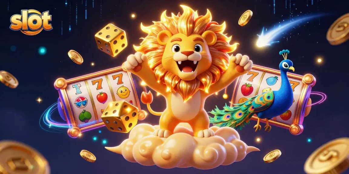 Spin the slot reels with vibrant symbols surrounded by a majestic lion and golden dice in this animated scene.