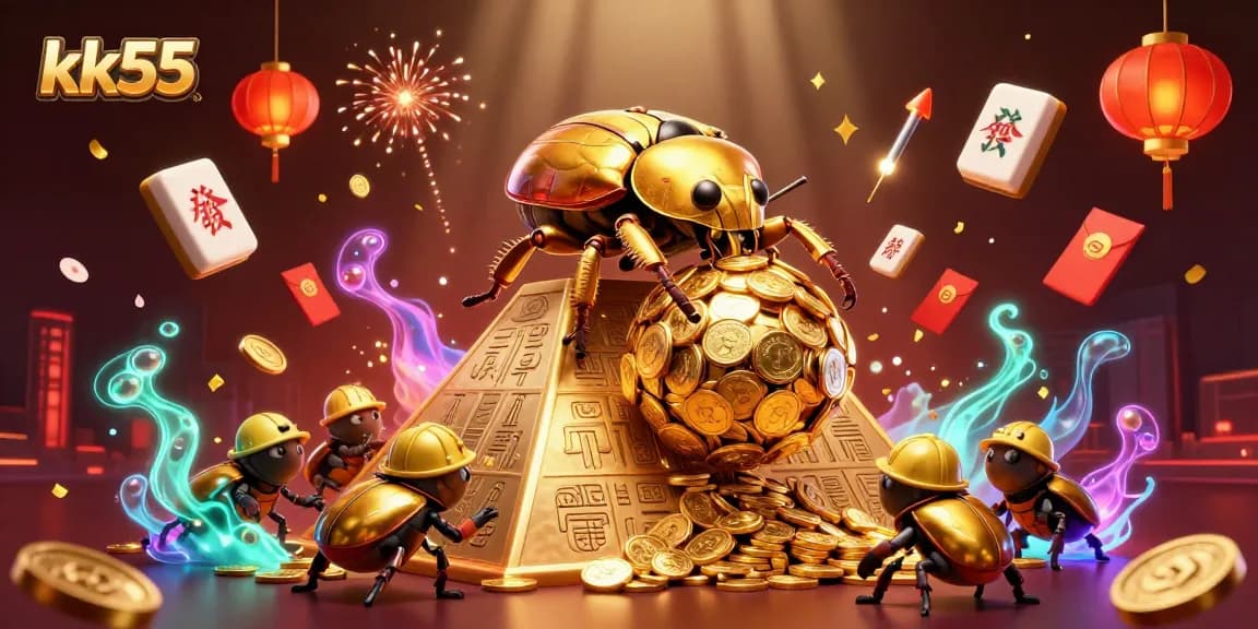 Engage players with kk55's vibrant casino experience featuring golden beetles and rich gaming symbols.