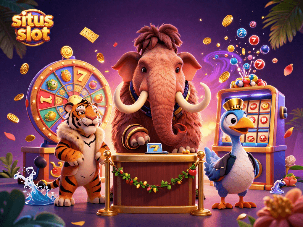 Experience situs slot with a lively casino scene featuring a woolly mammoth bouncer and vibrant game elements.