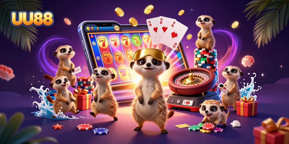 UU88 meerkats engage in exciting casino operations with colorful slot games and playful elements.