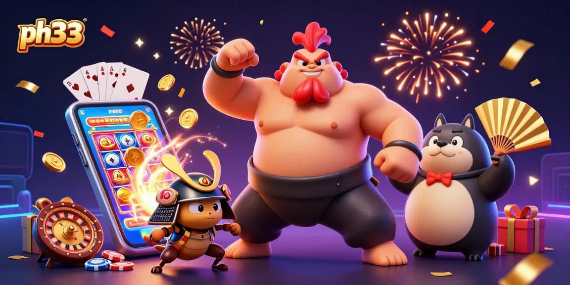 Experience thrilling gameplay with ph33 featuring a spirited sumo wrestler, cricket, and tanuki in a vibrant casino scene.