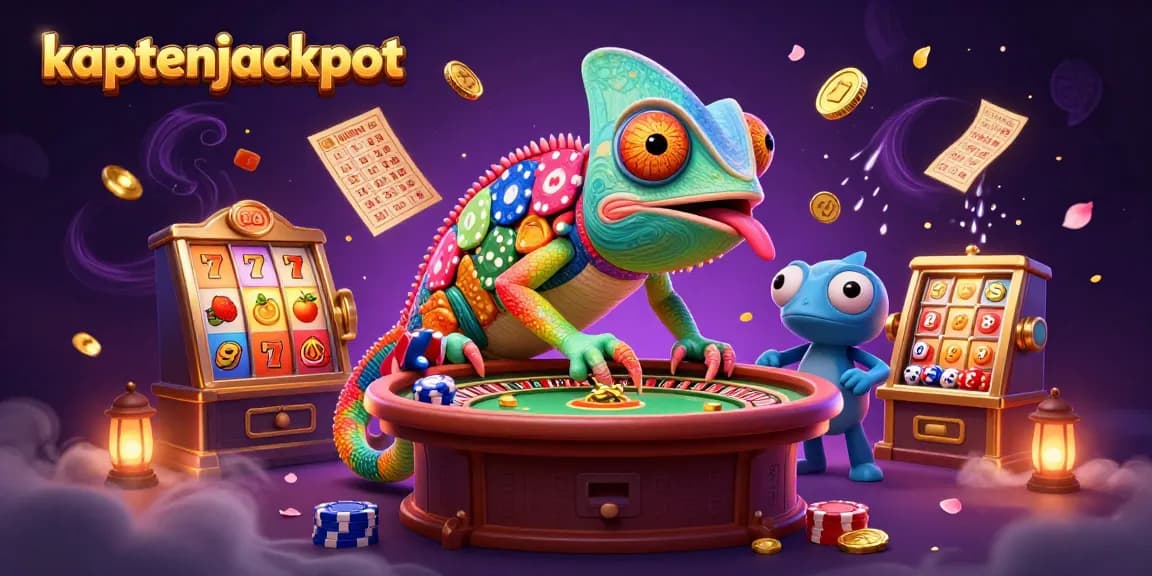 Engage in a vivid gambling scene with kaptenjackpot featuring an enormous chameleon casino owner and colorful slot elements.