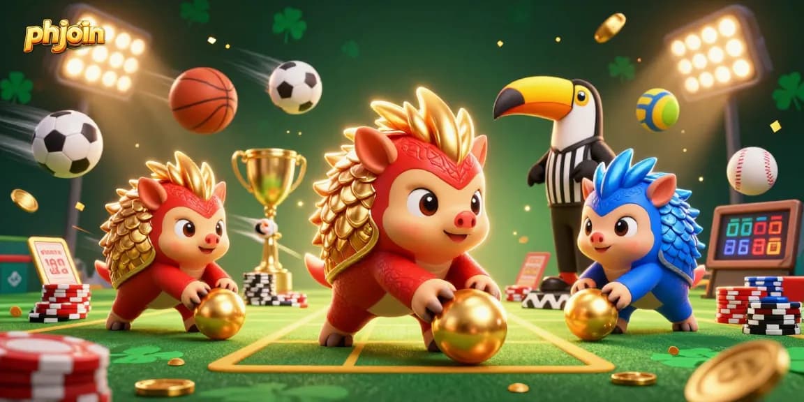 Experience thrilling gameplay with phjoin, as rival pangolins compete with golden balls and vibrant casino elements.