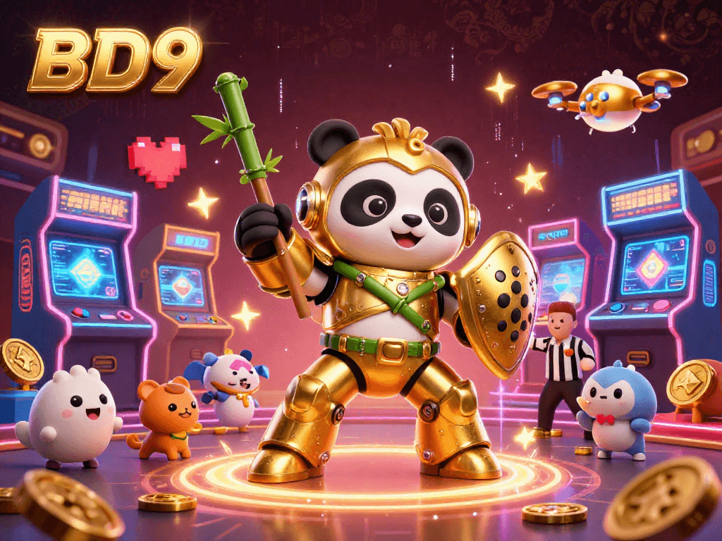 Experience the thrill of BD9 with a dynamic 3D casino illustration featuring a golden panda in combat gear.