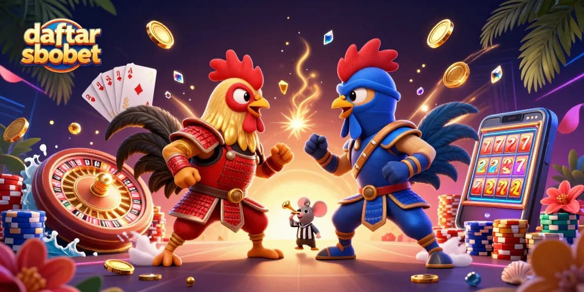 Place your bets with daftar sbobet in this dramatic fighting rooster showdown illustration featuring vibrant casino elements.