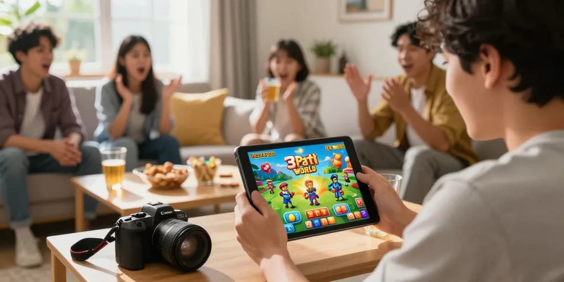 Enjoy a fun gaming experience as players get app for 3 Patti World, surrounded by friends and snacks.