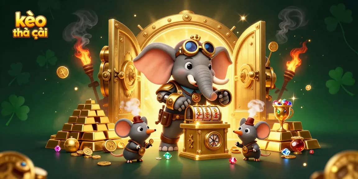 Engage with kèo nhà cái through a vibrant steampunk-themed casino scene showcasing a golden slot machine.