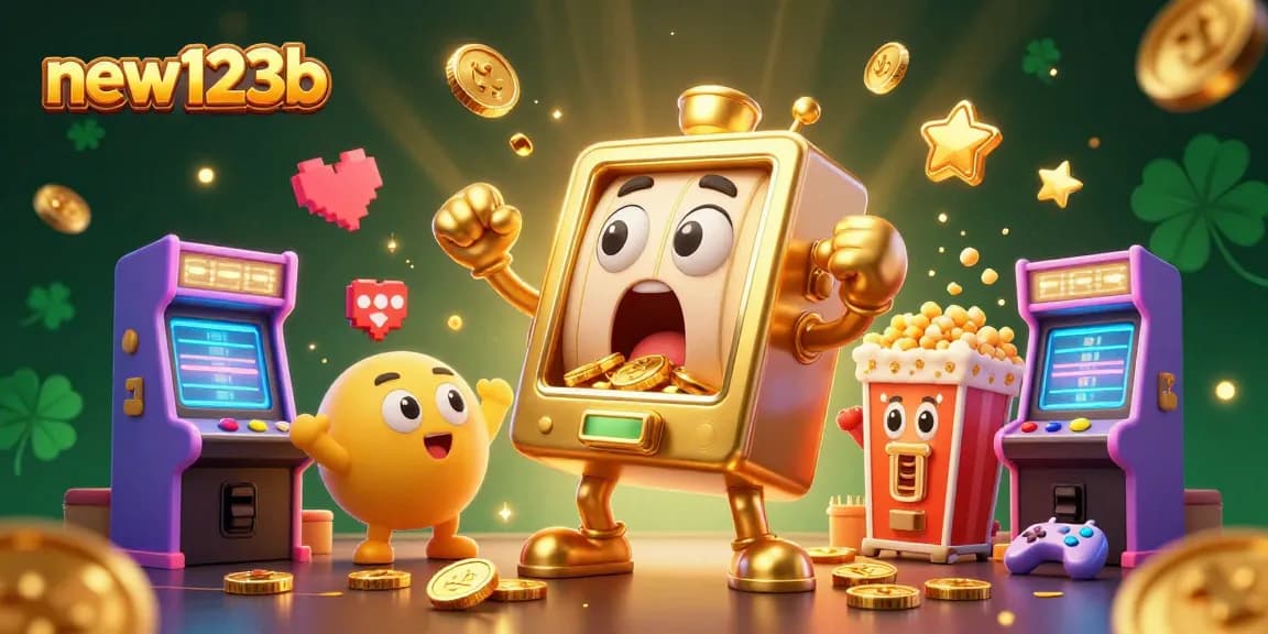 Experience the thrill at new123b with our cartoon slot character celebrating a jackpot!