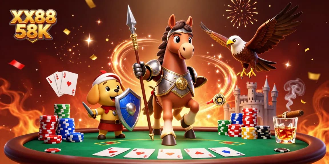 Experience the thrill of XX88 58K casino with a vibrant 3D scene of characters, poker, and excitement.