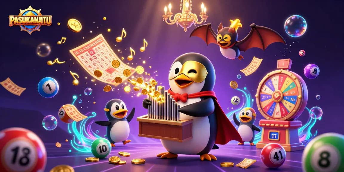 PASUKANJITU penguin organist surrounded by colorful lottery balls and dynamic prize elements.
