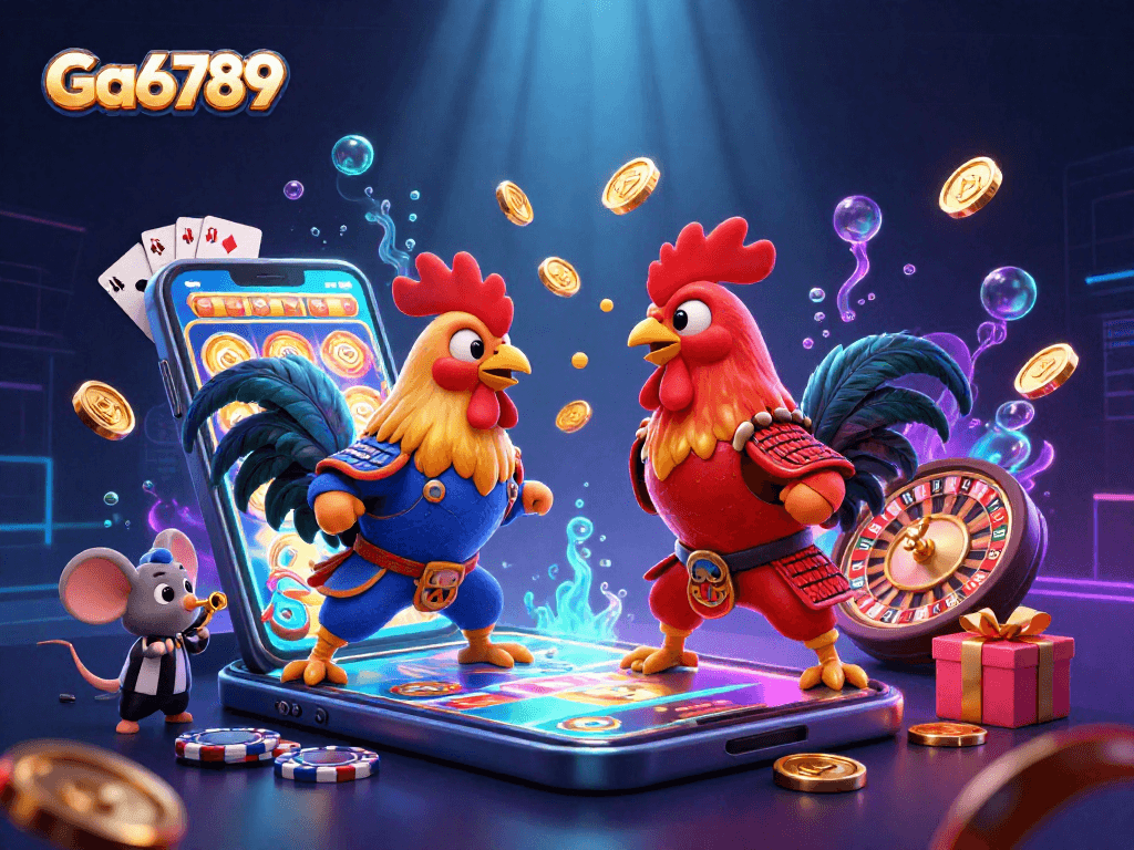 Engage in thrilling gameplay with Ga6789's fighting roosters in an electrifying casino atmosphere.