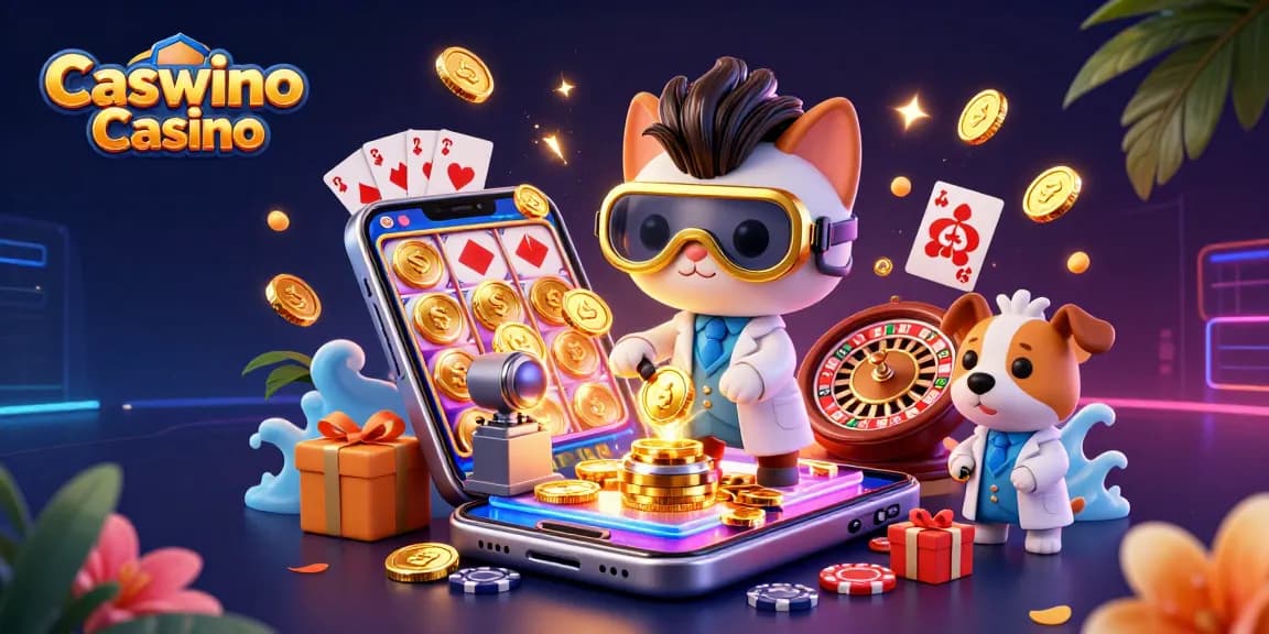 Spin and win at Caswino Casino with an exciting 3D illustration of a mad scientist cat and loyal dog amidst gaming elements.