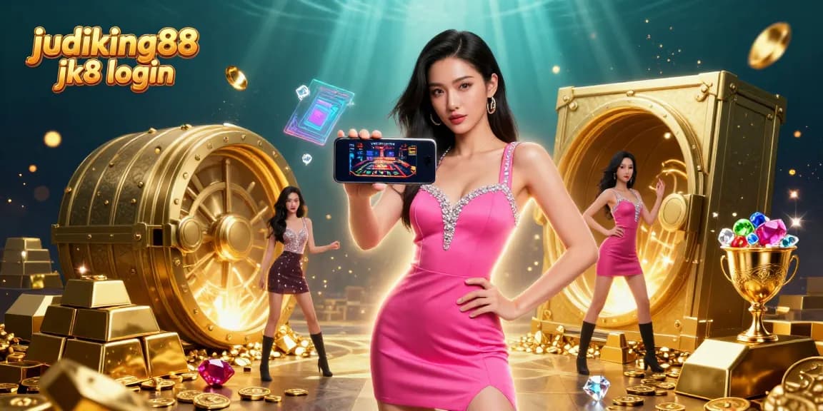 Experience the excitement of judiking88 jk8 login with an Asian woman engaged in live dealer casino games amid rich gold and gemstone visuals.