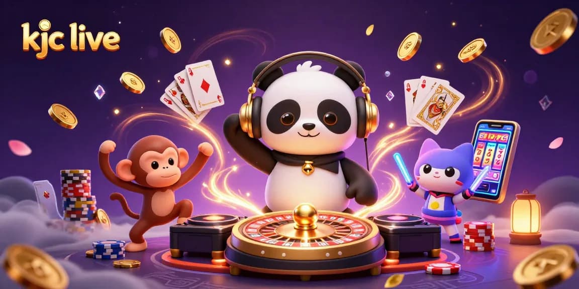 Experience the excitement of kjc live with energetic characters dancing amidst golden coins and roulette elements.