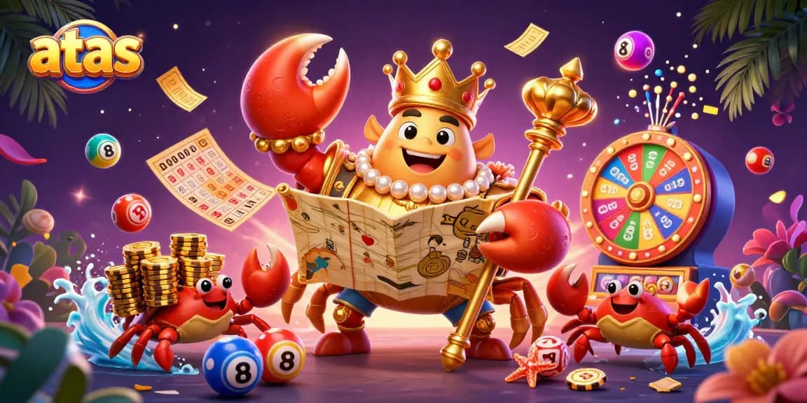 Engage in thrilling gameplay at ATAS Casino, featuring a golden crab emperor and vibrant gaming elements.