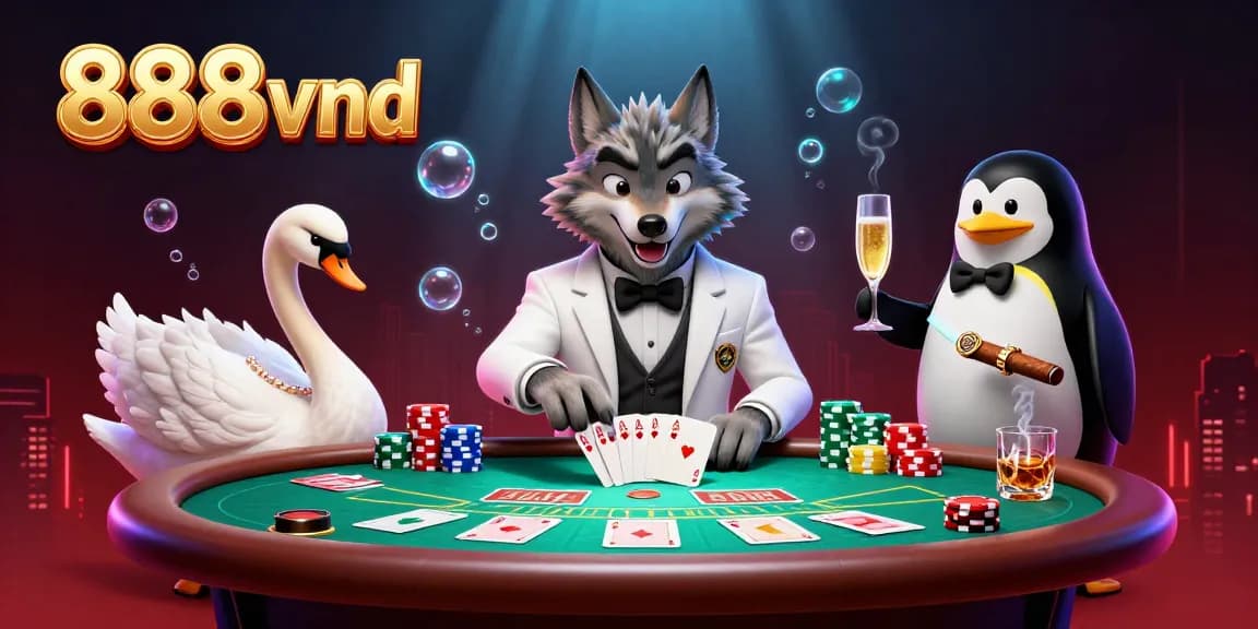 Experience the thrill of casino games at 888vnd with a wolf, swan, and penguin in a vibrant table scene.