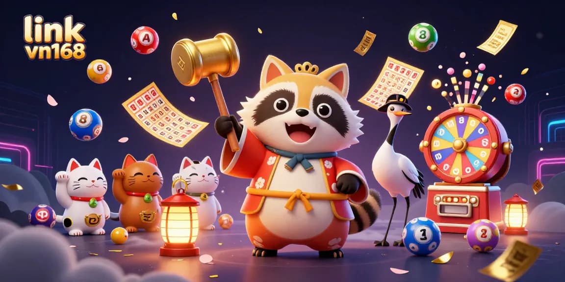 Experience the thrill of gameplay with link vn168 featuring a festive tanuki, maneki-neko cats, and dynamic lottery elements.