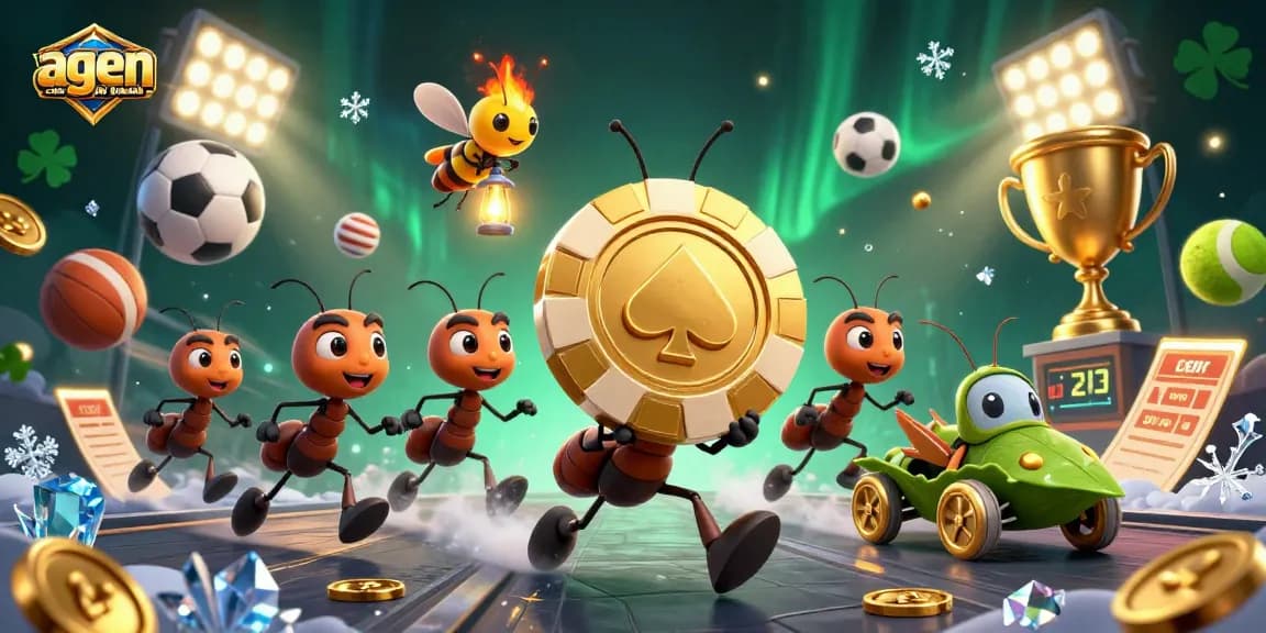 Experience thrilling action with agen situs judi bola as ants run a heist for a massive golden poker chip in a vibrant scene.