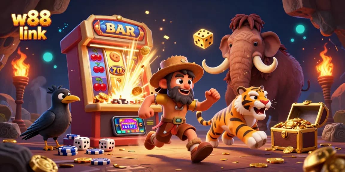 Experience the thrill of the w88 link casino adventure with our captivating prehistoric illustration.