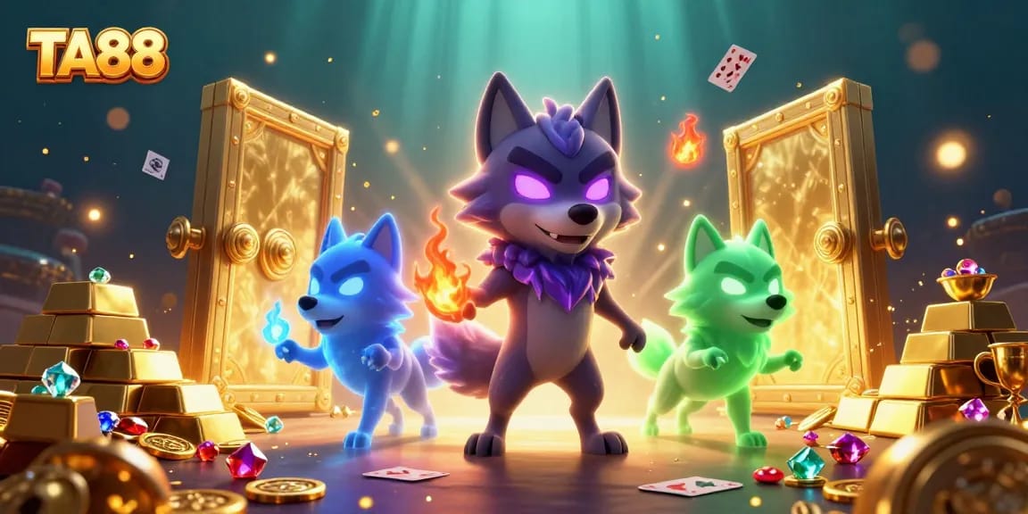 TA88 gaming scene showcases lucky wolves amid gold and casino treasures.