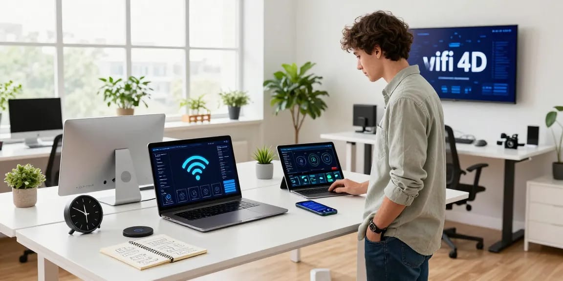 Workspace modern dengan profesional muda menggunakan teknologi wifi 4d untuk produktivitas tinggi.