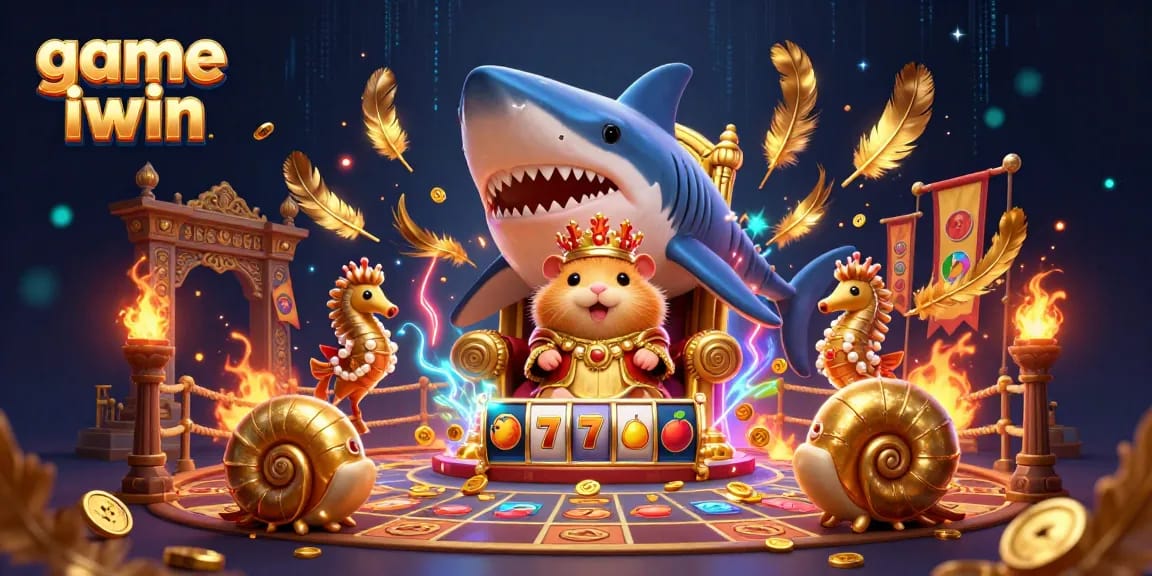 Engage in the thrilling game iwin experience with a majestic hamster king among vibrant casino elements.