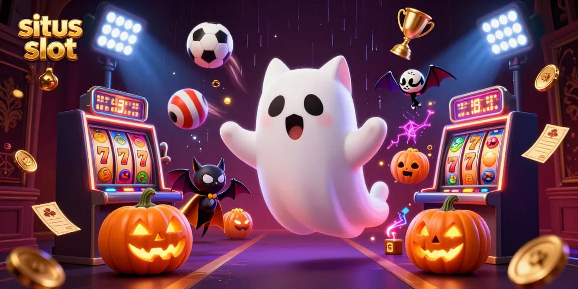 Slot dan elemen kasino dalam ilustrasi bergambar situs slot dengan kucing hantu dan kelelawar.