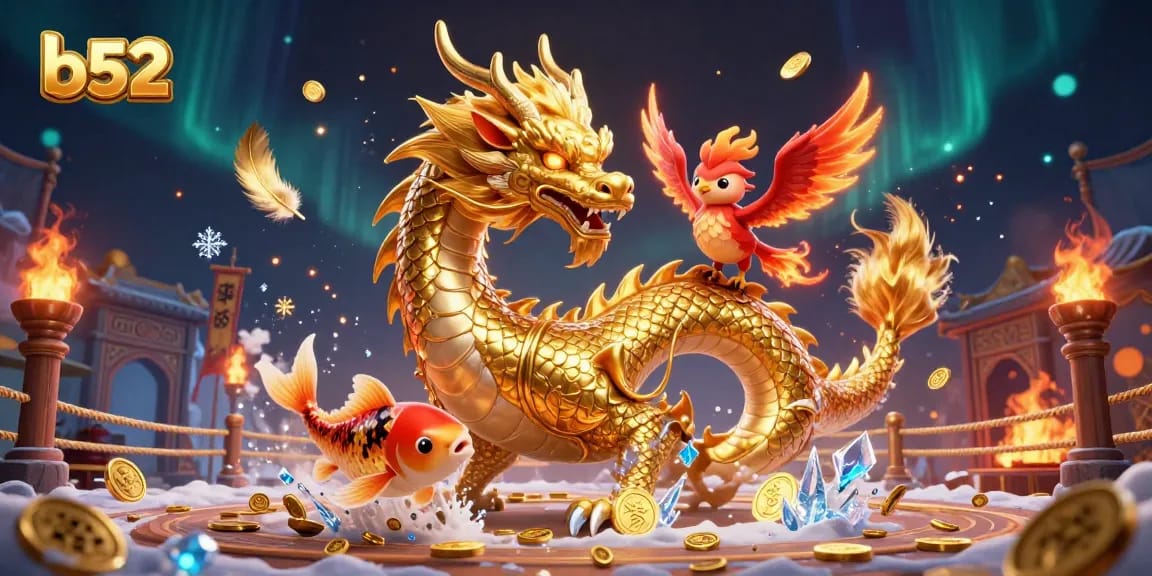 Engage in thrilling gameplay at b52, featuring an enchanting dragon, phoenix, and koi amidst coins and casino elements.