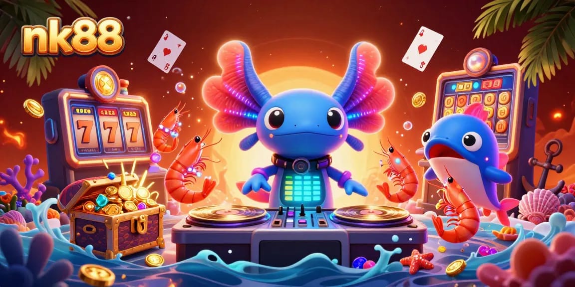 Engage with nk88's thrilling casino atmosphere, featuring a vibrant 3D axolotl DJ and lively gambling elements.
