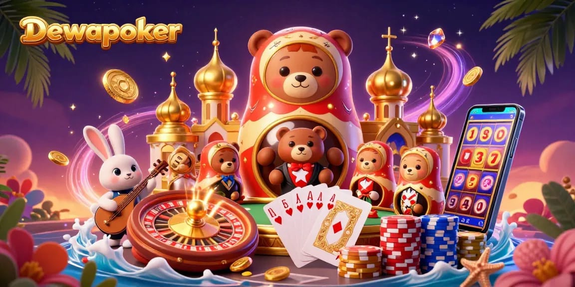 Dewapoker showcases a vibrant 3D scene of Russian Matryoshka bears in dealer outfits amidst poker elements, celebrating gaming.