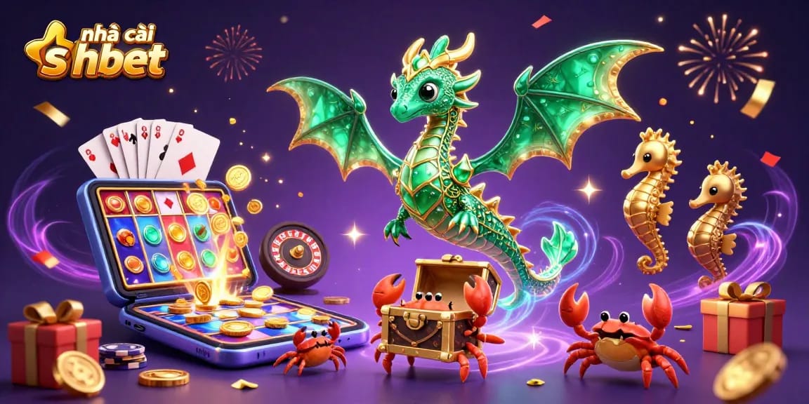 Experience the excitement of nhà cái shbet with vibrant slot games and treasures in this 3D illustration.