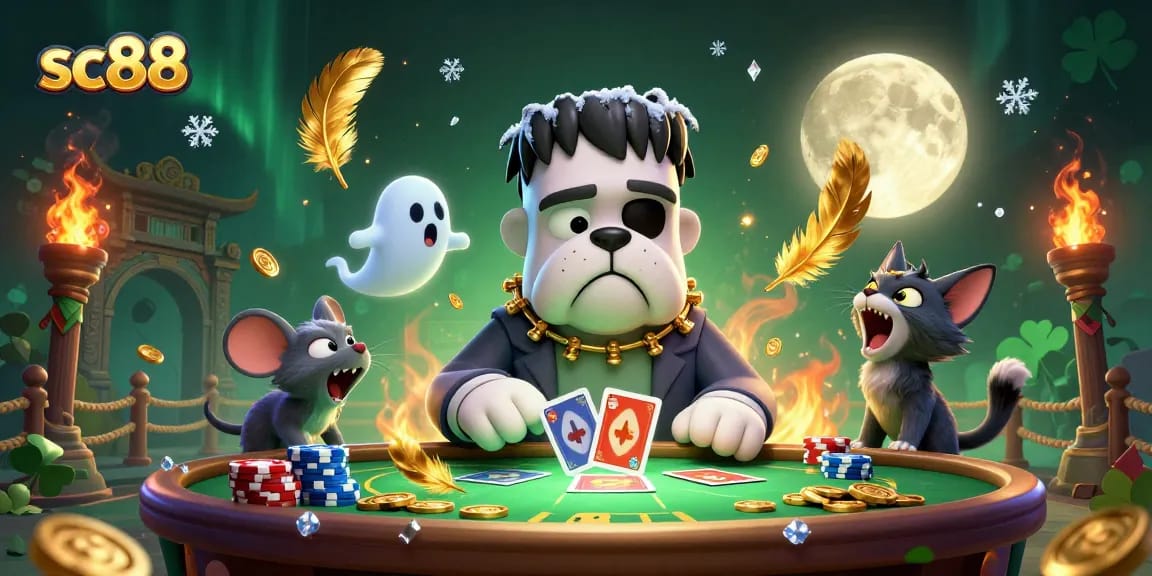Join the fun with sc88 as a Frankenstein bulldog deals cards at a spooky casino table lit by ghostly green lights.