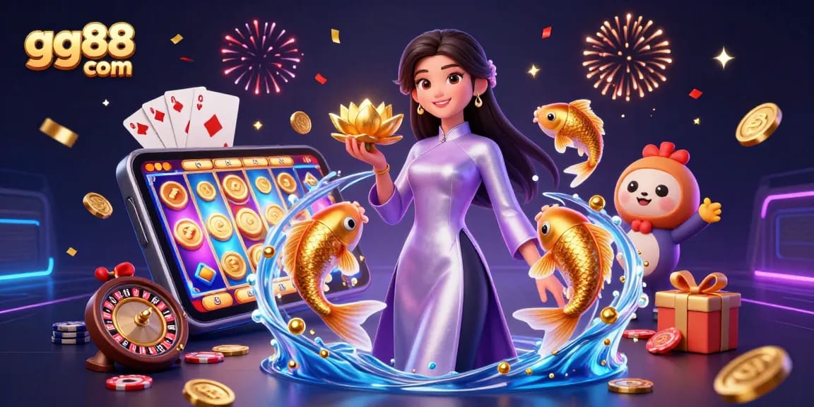 Experience vibrant gameplay at gg88 com with an elegant immersive casino scene featuring a stylized Asian woman.