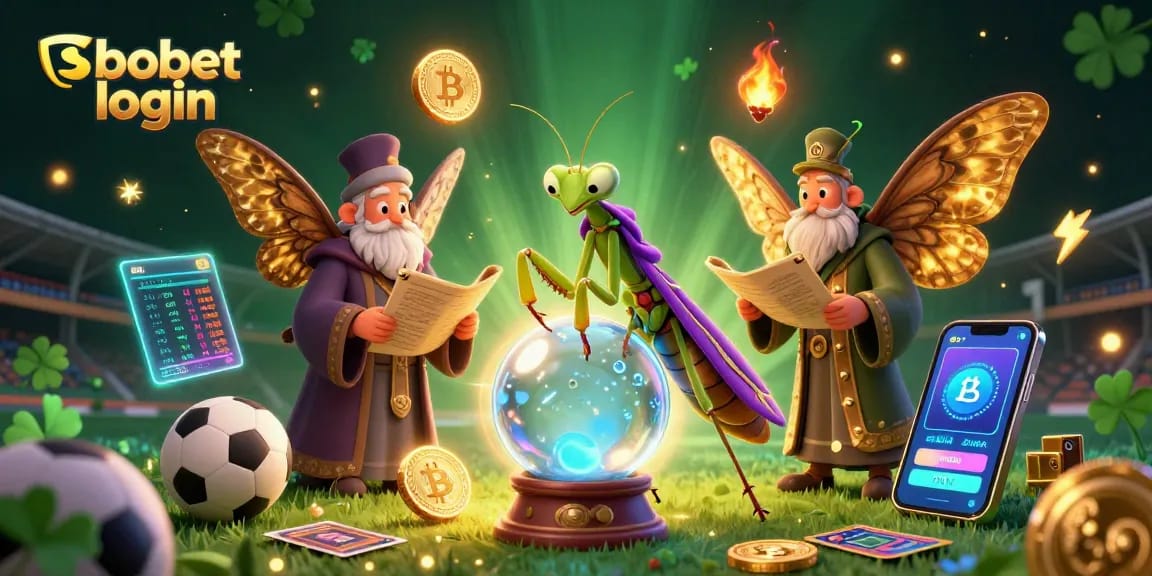 Engage in sbobet login with a vibrant scene of fortune teller characters and sports betting elements.