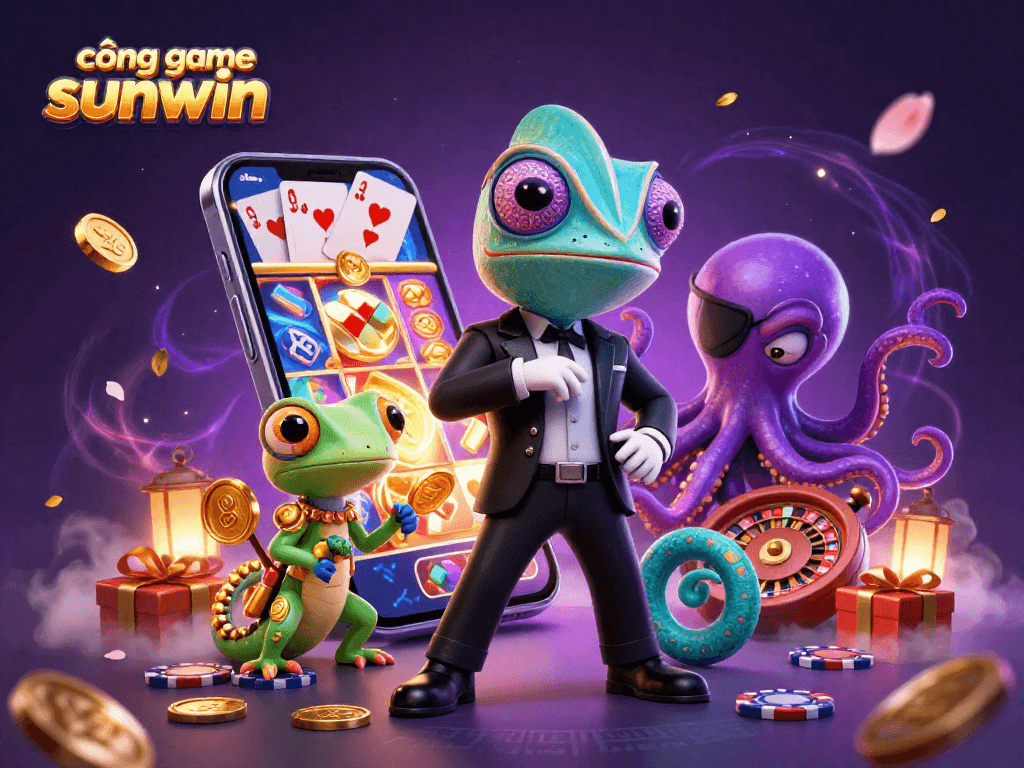 Join the fun at cổng game sunwin with thrilling slot games, spinning reels, and vibrant casino characters.