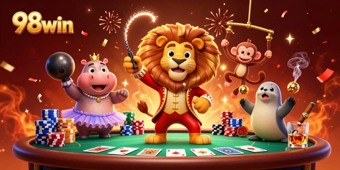 Experience the lively world of 98win with a dynamic 3D casino illustration featuring playful animals and poker elements.