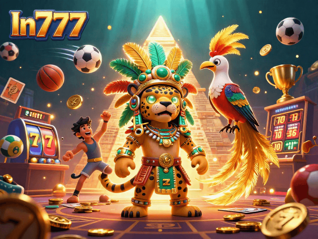 In777 showcases a vibrant Mayan priest interacting with rich casino elements and sports symbols