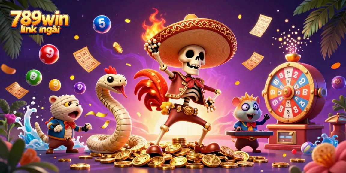 Experience the excitement of 789win link mới with vibrant casino elements and dynamic characters in this colorful illustration.