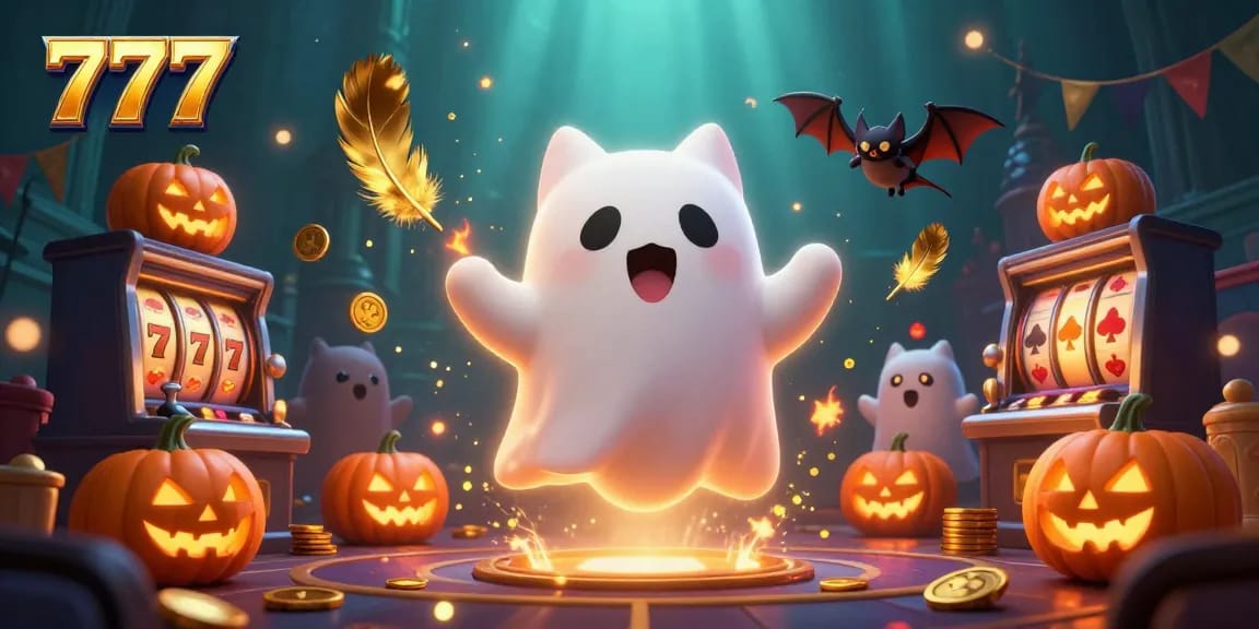 Play thrilling slot games with 777 at a haunted casino, featuring ghostly characters and vibrant visuals.