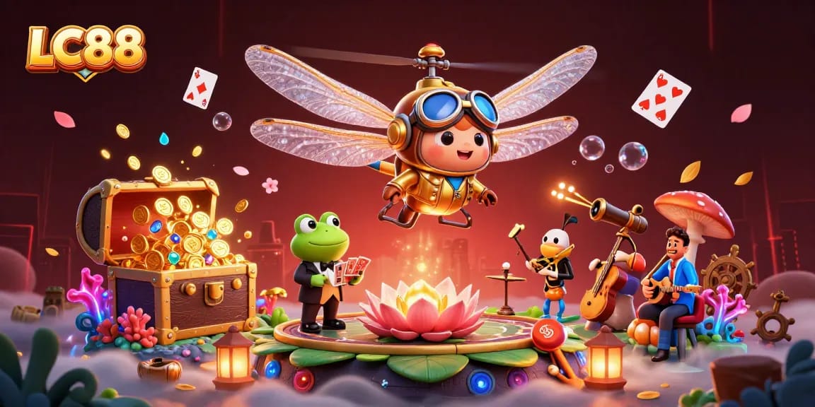 Experience thrilling gaming action with LC88 at a vibrant lily pad casino featuring unique characters and engaging elements.