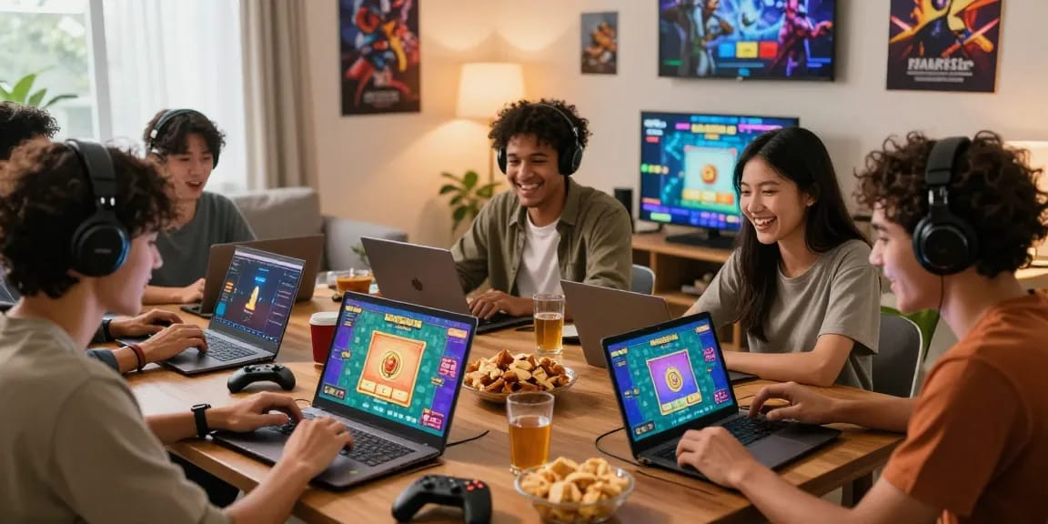 Exciting scene of friends enjoying game bài đổi thưởng, gaming on laptops in a cozy living room.