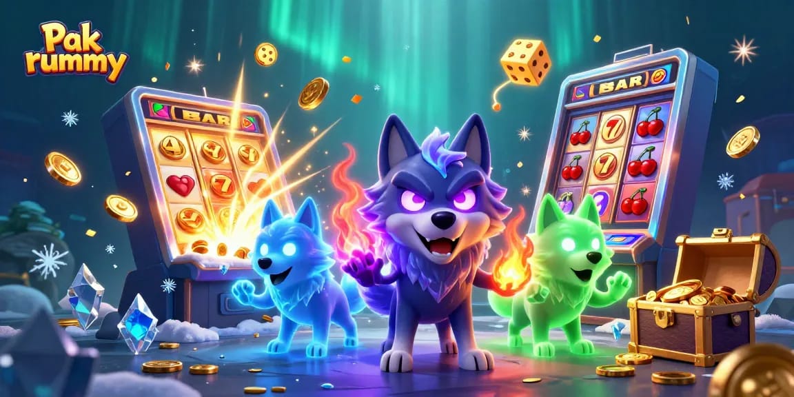Experience thrilling Pak rummy gameplay with spectral wolves, vibrant slot machines, and stunning visuals.