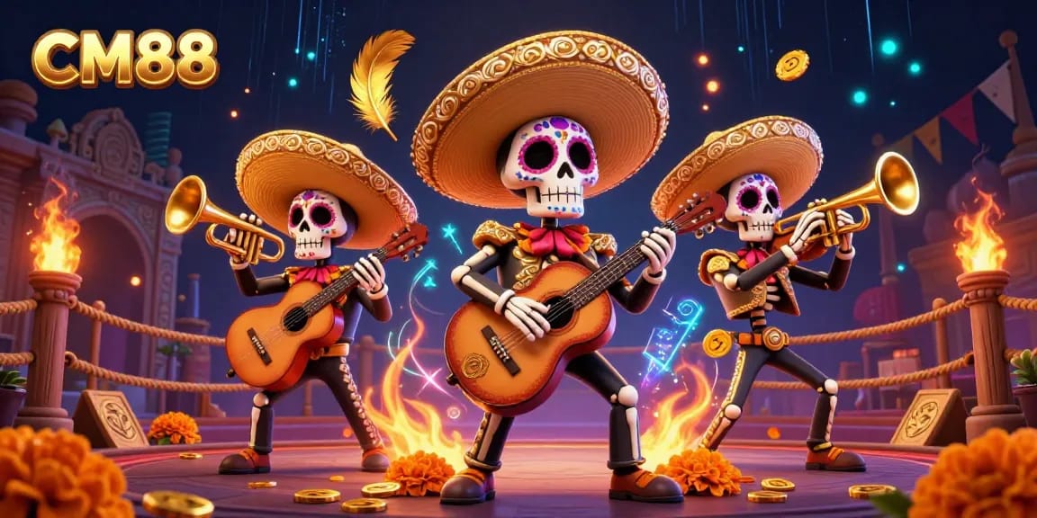 Experience the thrill of CM88 with a vibrant mariachi band in a casino-themed illustration.