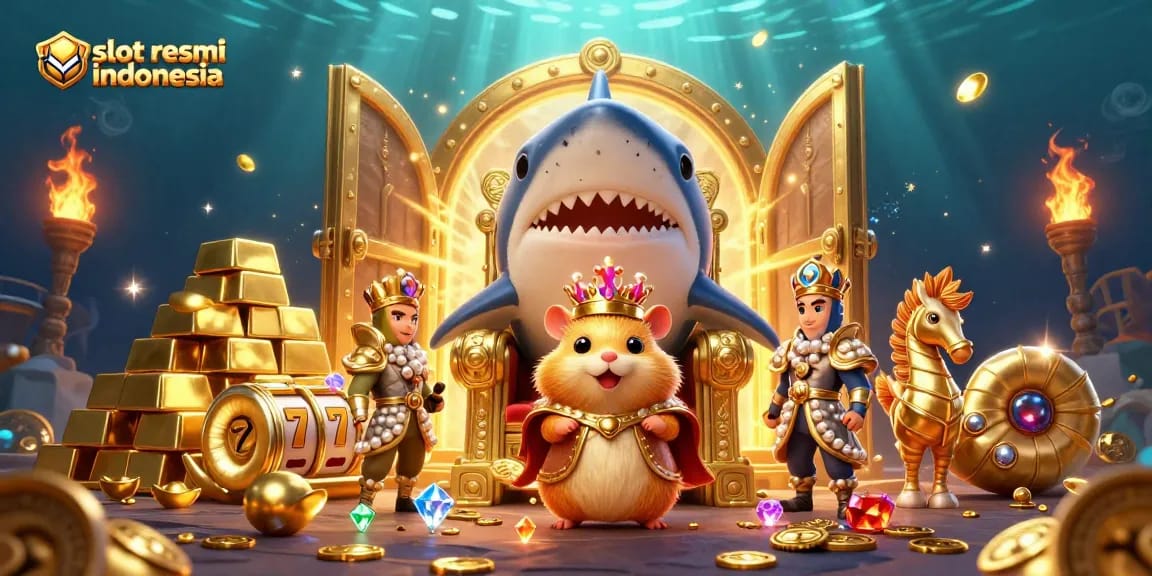 Menggali slot resmi Indonesia dengan raja hamster bertakhta di gigi megalodon, dikelilingi harta berkilau.