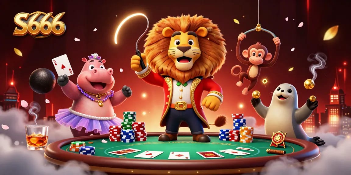 S666 casino scene with animated circus characters and poker elements creating a vibrant online gambling atmosphere.