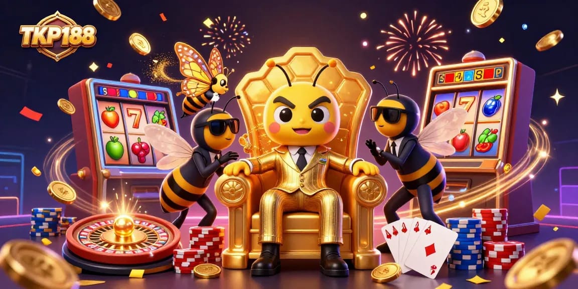 Win big with TKP188 by enjoying exciting slot games in a colorful casino scene.