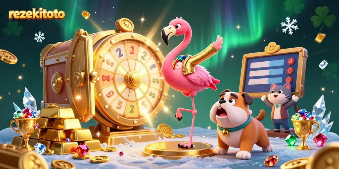 Spin the golden prize wheel at rezekitoto with excitement and dazzling treasures surrounding the host and contestants.