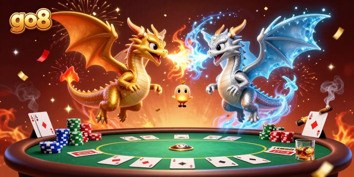 go8 showcases an epic scene of twin dragons representing casino excitement with poker elements