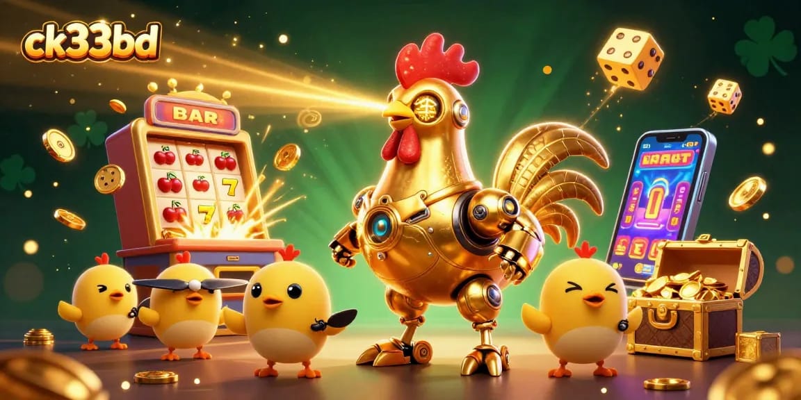 Engage with thrilling slots at ck33bd as a golden rooster robot and baby chick drones celebrate jackpots and exciting games.